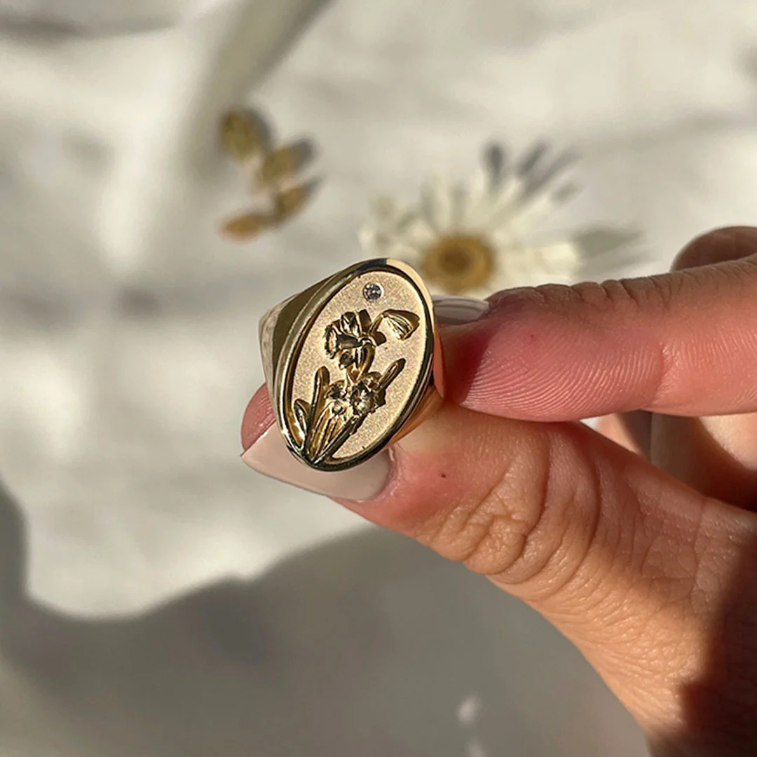 March Birth Flower Signet Ring - Image 3