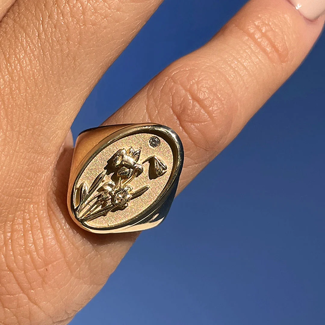 March Birth Flower Signet Ring - Image 4