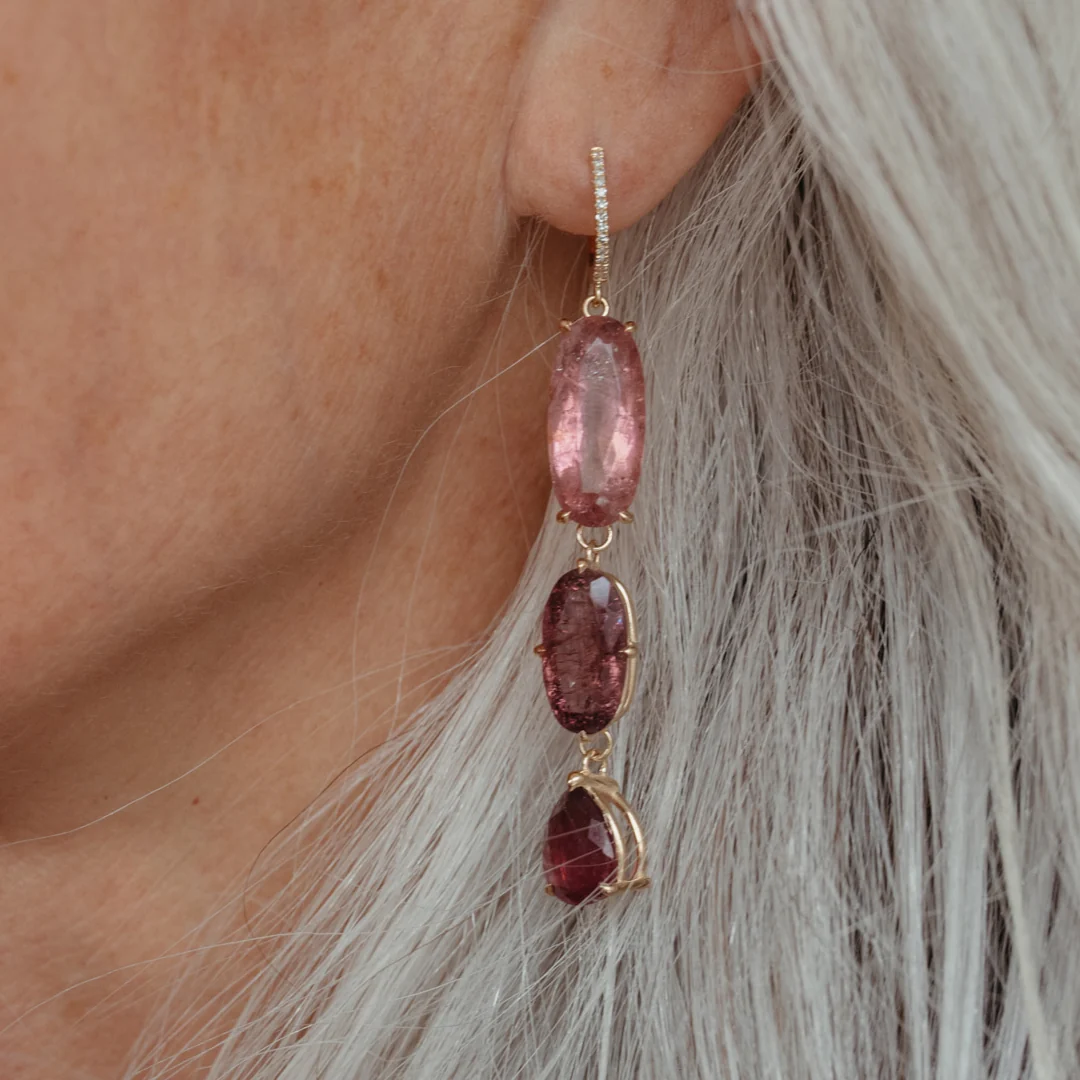 Pink Tourmaline Three Stone Drop Earrings - Image 3
