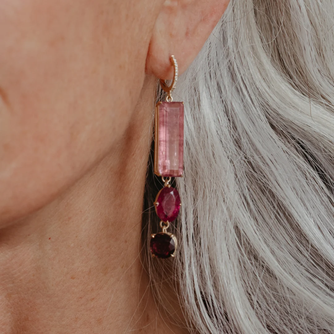 Pink Tourmaline Three Stone Drop Earrings - Image 4