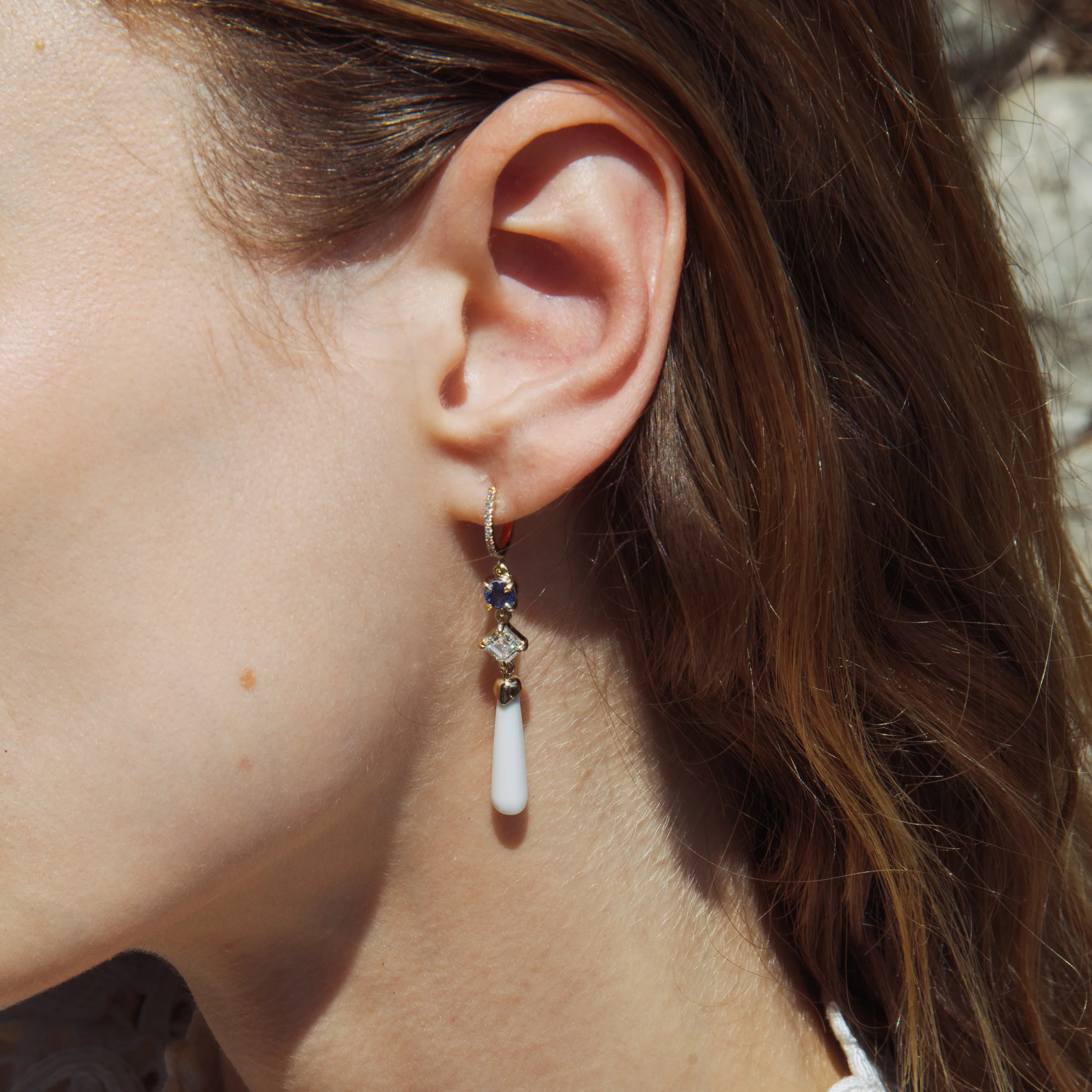 Sapphire, Diamond & Coral Drop Earrings - Image 2